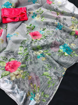 Grey Color Saree with Floral Digital Prints | Butter Soft Cotton Silk Saree | Light Weight Printed Saree
