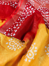 Traditional Hand Block Print Linen Saree in Mustard Yellow and Red Pure Linen Saree | Lightweight and Breathable Saree | Bengal Linen Saree