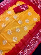 Traditional Hand Block Print Linen Saree in Mustard Yellow and Red Pure Linen Saree | Lightweight and Breathable Saree | Bengal Linen Saree