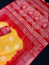 Traditional Hand Block Print Linen Saree in Mustard Yellow and Red Pure Linen Saree | Lightweight and Breathable Saree | Bengal Linen Saree