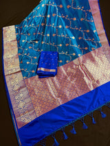 Handwoven Teal Blue Color Pure Katan Silk Saree with Lavender Color | Pure Silk Saree | Pure Katan Silk Saree | SILK MARK CERTIFIED