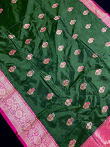Pine Green Color Pure Katan Silk Saree with Kadhua Weave and Meenakari Flower Butta | Pure Katan Silk Saree | SILK MARK CERTIFIED
