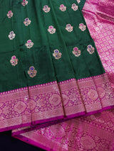 Pine Green Color Pure Katan Silk Saree with Kadhua Weave and Meenakari Flower Butta | Pure Katan Silk Saree | SILK MARK CERTIFIED