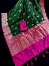 Pine Green Color Pure Katan Silk Saree with Kadhua Weave and Meenakari Flower Butta | Pure Katan Silk Saree | SILK MARK CERTIFIED