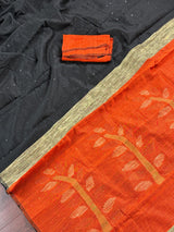 Black and Orange Color Handloom Saree with tiny Sequin Work and Thread Work | Handloom Sarees | Sequence Saree