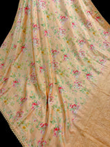 Pale Peach Color Floral Print Saree with Lucknowi Embroidery and Crochet Lace Work – Front View – Kaash Collection