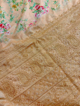 Pale Peach Color Floral Print Saree with Lucknowi Embroidery and Crochet Lace Work – Model View – Kaash Collection