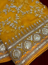 Statement Mustard Yellow Color Organza Silk Dupatta with Muted Gold Zari, Embroidery and Sequin | Wedding Dupatta | Dupatta for Lehangas