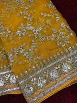 Statement Mustard Yellow Color Organza Silk Dupatta with Muted Gold Zari, Embroidery and Sequin | Wedding Dupatta | Dupatta for Lehangas