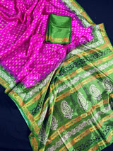 Purple Pinkish Art Silk Saree with Mehandi Green Border and Digital Prints - Kaash Collection