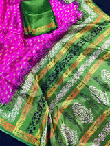 Purple Pinkish Art Silk Saree with Mehandi Green Border and Digital Prints - Kaash Collection