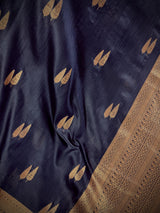 Navy Blue Color Banarasi Linen Cotton Silk Saree with Antique Copper Zari Weave Saree