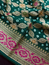 Statement Green Banarasi Dupion Silk Saree | Bandhej Bandhani Saree with Zari Weaving | Traditional Indian Saree for Weddings & Festive Wear
