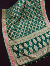 Statement Green Banarasi Dupion Silk Saree | Bandhej Bandhani Saree with Zari Weaving | Traditional Indian Saree for Weddings & Festive Wear