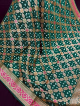 Statement Green Banarasi Dupion Silk Saree | Bandhej Bandhani Saree with Zari Weaving | Traditional Indian Saree for Weddings & Festive Wear