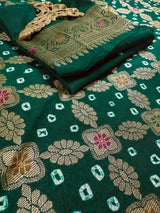 Statement Green Banarasi Dupion Silk Saree | Bandhej Bandhani Saree with Zari Weaving | Traditional Indian Saree for Weddings & Festive Wear