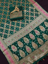 Statement Green Banarasi Dupion Silk Saree | Bandhej Bandhani Saree with Zari Weaving | Traditional Indian Saree for Weddings & Festive Wear