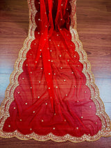 Red Color Net Dupatta with Gold Zari, Sequin and Beads | Red Color Dupatta | Sequin Red Dupatta | Indian Dupatta for Lehangas