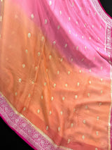 Ombre Baby Pink and Peach Color Saree with Hot Pink Border and Pallu Pure Banarasi Chiffon Silk with Sliver Zari | Silk Mark Certified