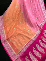 Ombre Baby Pink and Peach Color Saree with Hot Pink Border and Pallu Pure Banarasi Chiffon Silk with Sliver Zari | Silk Mark Certified