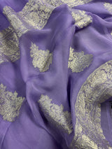 Lavender Color Pure Banarasi Chiffon Silk with Sliver Zari | Pure Chiffion Sarees | Silk Mark Certified
