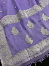 Lavender Color Pure Banarasi Chiffon Silk with Sliver Zari | Pure Chiffion Sarees | Silk Mark Certified