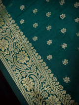 Handmade Dark Teal Green Color Soft Silk Saree | Muted Gold Resham Zari Weave | Brocade Blouse - Light Weight Easy Drape Saree