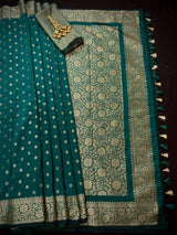 Handmade Dark Teal Green Color Soft Silk Saree | Muted Gold Resham Zari Weave | Brocade Blouse - Light Weight Easy Drape Saree