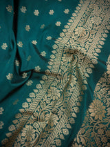 Handmade Dark Teal Green Color Soft Silk Saree | Muted Gold Resham Zari Weave | Brocade Blouse - Light Weight Easy Drape Saree