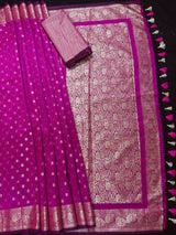 Handmade Magenta Pink Color Soft Silk Saree | Muted Gold Resham Zari Weave | Brocade Blouse - Light Weight Easy Drape Saree