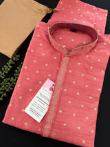 Strawberry Pink Color Soft Silk Men Kurta with Self Design material with small Zari Weave butti | Kurta with Lining | Pink Color Kurta