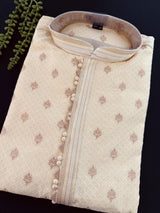 Light Cream Soft Raw Silk Men Kurta Pajama in Self Design material with Antique Zari Weave buti with Cotton Lining | Wedding Kurtas for Men