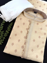 Light Cream Soft Raw Silk Men Kurta Pajama in Self Design material with Antique Zari Weave buti with Cotton Lining | Wedding Kurtas for Men