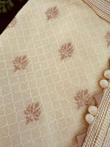 Light Cream Soft Raw Silk Men Kurta Pajama in Self Design material with Antique Zari Weave buti with Cotton Lining | Wedding Kurtas for Men