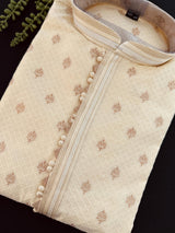 Light Cream Soft Raw Silk Men Kurta Pajama in Self Design material with Antique Zari Weave buti with Cotton Lining | Wedding Kurtas for Men