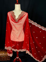 Red Soft Net Dupatta with Sliver Zari and Artifical Mirrors | Dupatta for Lehangas | Dupatta for Gift | Wedding Dupattas | Dupattas for Suit