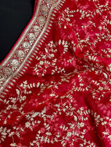 Statement Hot Pink Color Organza Silk Dupatta with Muted Gold Zari, Embroidery and Sequins | Wedding Dupattas | Dupatta for Lehangas