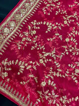 Statement Hot Pink Color Organza Silk Dupatta with Muted Gold Zari, Embroidery and Sequins | Wedding Dupattas | Dupatta for Lehangas