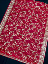 Statement Hot Pink Color Organza Silk Dupatta with Muted Gold Zari, Embroidery and Sequins | Wedding Dupattas | Dupatta for Lehangas