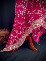 Statement Hot Pink Color Organza Silk Dupatta with Muted Gold Zari, Embroidery and Sequins | Wedding Dupattas | Dupatta for Lehangas
