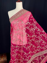 Statement Hot Pink Color Organza Silk Dupatta with Muted Gold Zari, Embroidery and Sequins | Wedding Dupattas | Dupatta for Lehangas