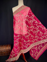 Statement Hot Pink Color Organza Silk Dupatta with Muted Gold Zari, Embroidery and Sequins | Wedding Dupattas | Dupatta for Lehangas