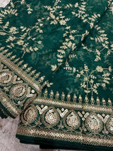 Statement Green Color Organza Silk Dupatta with Muted Gold Zari, Embroidery and Sequin | Wedding Dupatta | Dupatta for Lehangas | Gift Ideas