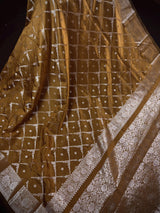 Golden Brown Color Banarasi Handloom Semi Soft Silk Saree | Gold Zari Weave | Banarasi Sarees | Brown Color Saree | Party Wear Sarees