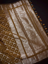 Golden Brown Color Banarasi Handloom Semi Soft Silk Saree | Gold Zari Weave | Banarasi Sarees | Brown Color Saree | Party Wear Sarees