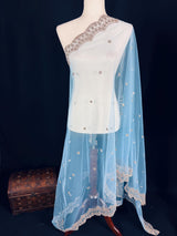 Sky Blue Soft Net Dupatta with Sliver Zari and Artifical Mirror | Dupatta for Lehanga | Wedding Dupatta | Dupatta for Suit