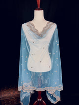 Sky Blue Soft Net Dupatta with Sliver Zari and Artifical Mirror | Dupatta for Lehanga | Wedding Dupatta | Dupatta for Suit