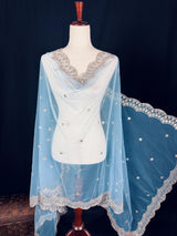 Sky Blue Soft Net Dupatta with Sliver Zari and Artifical Mirror | Dupatta for Lehanga | Wedding Dupatta | Dupatta for Suit