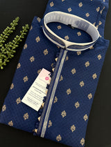 Blue Color Soft Raw Silk Men Kurta Pajama in Self Design material with Antique Zari Weave buti with Cotton Lining | Wedding Kurtas for Men