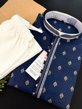 Blue Color Soft Raw Silk Men Kurta Pajama in Self Design material with Antique Zari Weave buti with Cotton Lining | Wedding Kurtas for Men